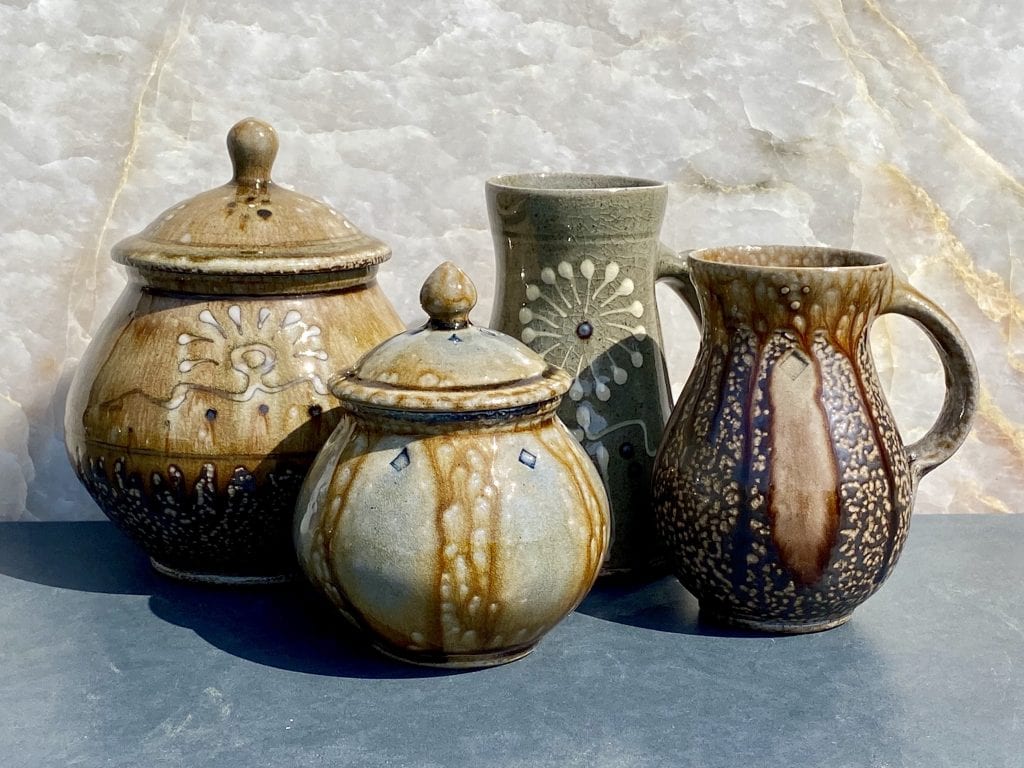 Grouping of Mark Hewitt Pottery, two sweet jars, a stein and a mug